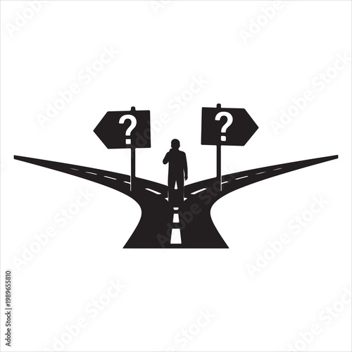 A person stands at a crossroads with two diverging paths, each marked by a question mark, symbolizing uncertainty and decision-making in life