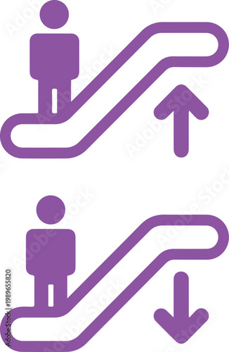 Purple escalator with up and down arrows and human figures
