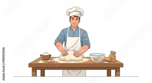 Baker Kneading Dough on Wooden Table with Ingredients, Chef Hat and Apron