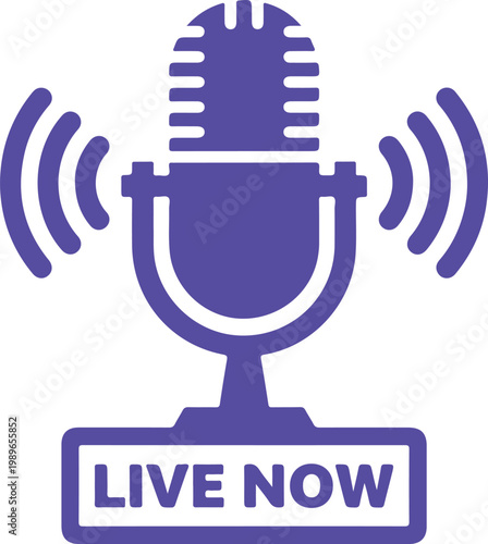 Purple microphone with sound waves and live now text symbol