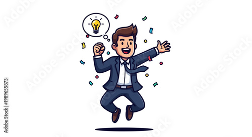Excited Businessman Jumps for Joy with Lightbulb Idea and Confetti