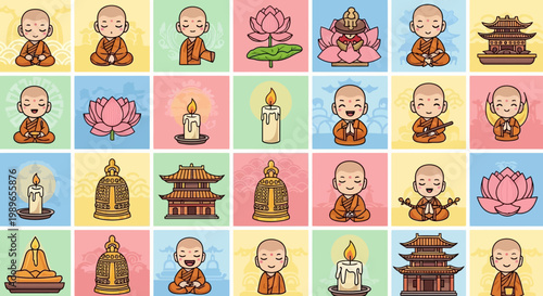 Cute Cartoon Monk Characters, Lotus Flowers, Candles, and Pagodas - Zen Buddhism Collection