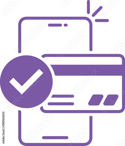 Purple smartphone with credit card and checkmark mobile phone