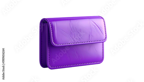 A 3D render of a glossy, purple wallet against a black background. It appears to be made of leather with a fold-over flap