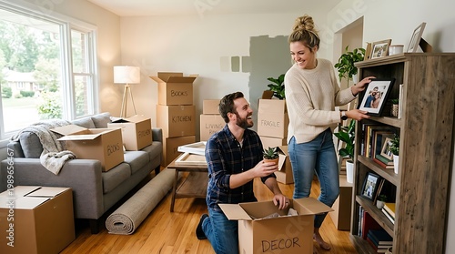 A happy couple decorates their new home, hanging a framed picture while surrounded by moving boxes, creating a warm atmosphere of fresh beginnings, organization, and domestic life.