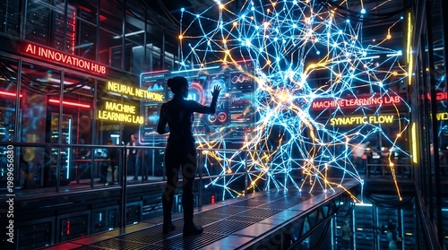 A futuristic tech environment where a specialist interacts with a digital interface, visualizing data networks and artificial intelligence systems, highlighting innovation, connectivity, and advanced 