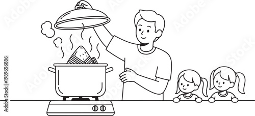 Father Cooking Steaming Zongzi for Two Little Daughters Line Art Illustration