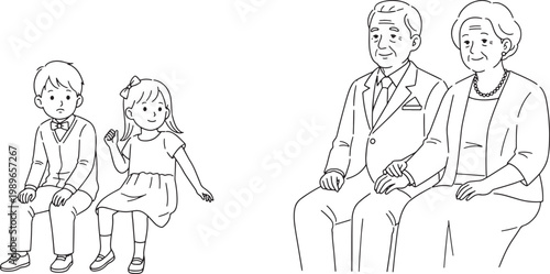 Line Art Illustration of Grandparents Sitting with Their Young Grandchildren Together