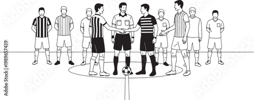 Soccer Match Kickoff Ceremony with Referees and Team Captains Line Drawing Illustration