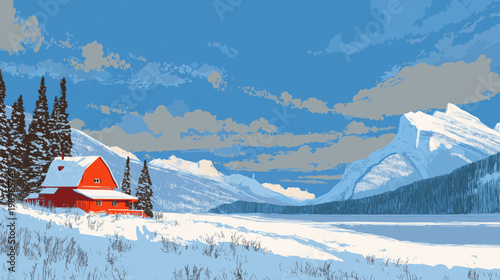 Snowy Canadian farm landscape with mountains in realistic vector style ideal for winter travel marketing, tourism campaigns, and scenic background designs