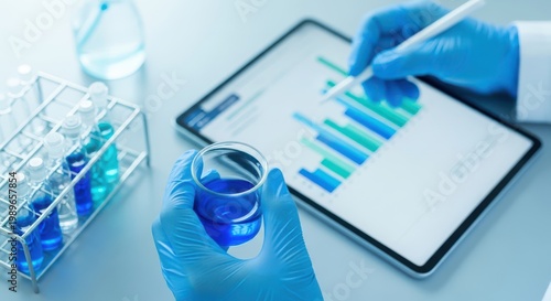 Professional Asian woman scientist chemist technician experiment research in chemistry laboratory data analysis result report scientific innovation document 