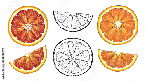 Juicy clip art with sliced oranges in vector graphics