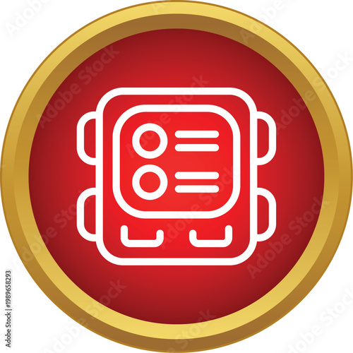 White outline icon depicting a portable radio transceiver in a red circle with a golden border