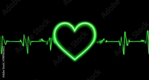 Green color pulse heart beat.Heartbeat on black background with a green heart shape.Animated style.4k video.


