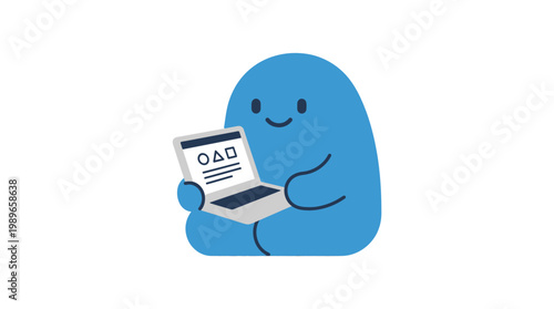 Smiling blue cartoon character with laptop.