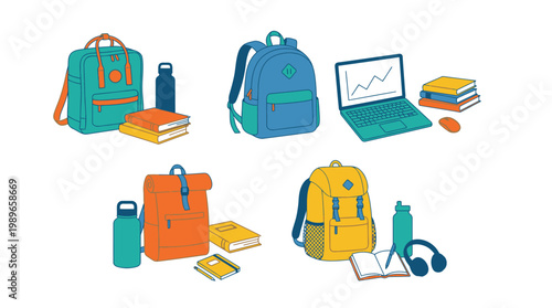 Colorful backpacks and school supplies.