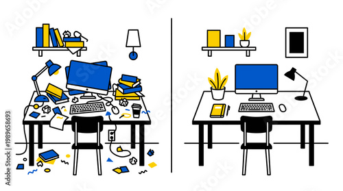 Cluttered versus organized office workspace desks.
