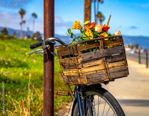 A vintage bicycle's wooden basket overflows with colorful flowers, parked near a coastal pathway with a blurred beach and sky background