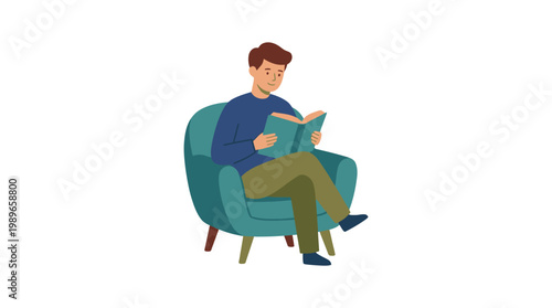 Man sitting on chair reading book.