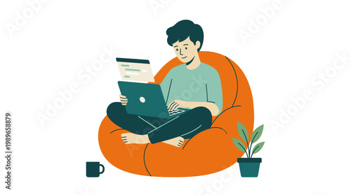 Man sitting on bean bag chair.
