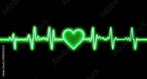 Green color pulse heart beat.Heartbeat on black background with a green heart shape.Animated style.4k video.


