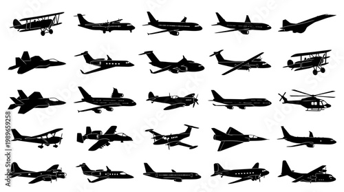 Collection of airplane and helicopter silhouettes.