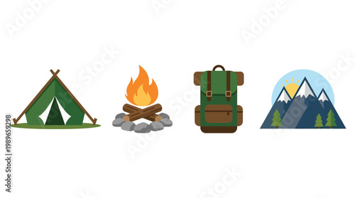 Camping gear and mountain landscape icons.