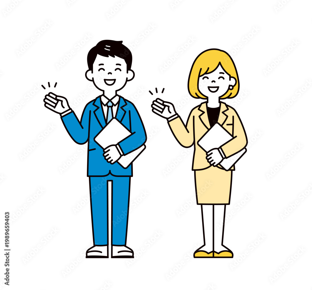 Fototapeta premium パソコンを持って説明・紹介する、若い男女のビジネスパーソンの全身ベクターイラスト素材セット