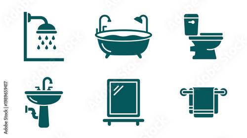 Various bathroom fixtures including a shower, bathtub, toilet, sink, mirror, and towel rack