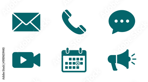 Set of communication icons including email, phone, chat, video, calendar, and megaphone