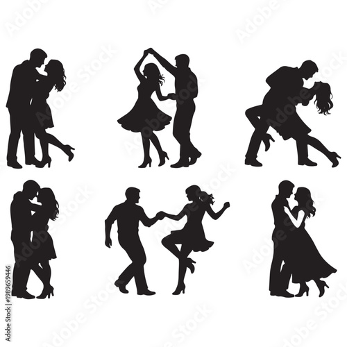 Happy Couple Dancing Silhouettes – Romantic Vector Collection
