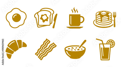 A collection of breakfast food icons including eggs, toast, coffee, pancakes, croissants, bacon, cereal, and juice