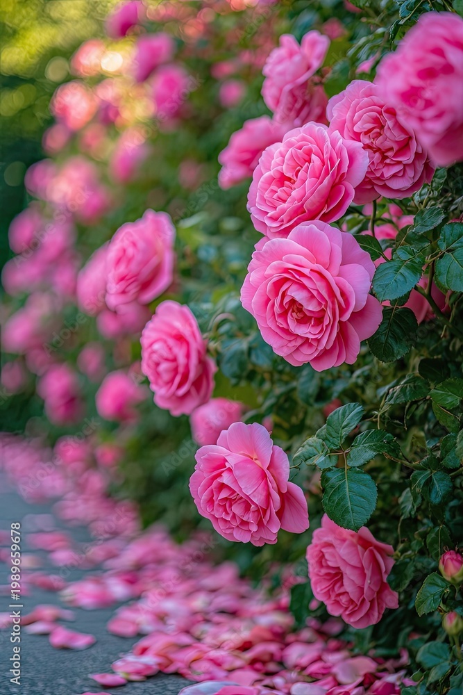 Fototapeta premium Close-up of blooming pink roses with soft background blur. Romantic floral scene with vibrant colours and delicate petals.