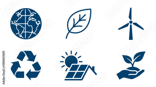 Collection of eco-friendly icons representing global sustainability initiatives and renewable energy