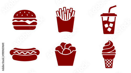 A collection of red silhouette fast food icons including a burger, fries, drink, hot dog, and ice cream