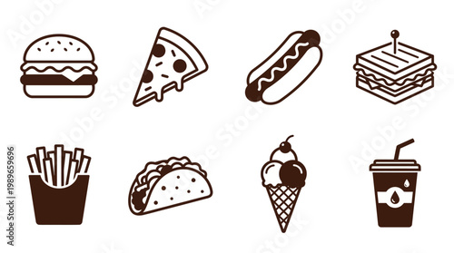 A variety of fast food icons including burgers, pizza, hot dogs, and desserts on a clean background