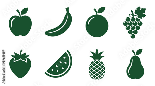 Collection of green fruit icons including apple, banana, orange, and grapes on white background