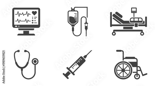 Medical equipment icons depicting healthcare technology and patient care essentials