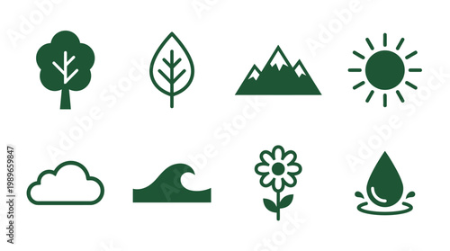 Collection of nature-themed icons featuring trees, leaves, mountains, sun, clouds, waves, flowers, and water droplets