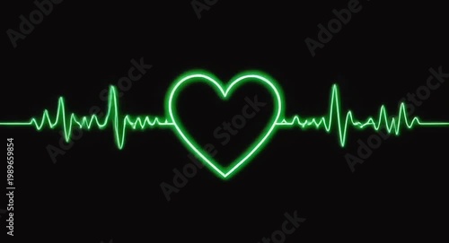 Green color pulse heart beat.Heartbeat on black background with a green heart shape.Animated style.4k video.


