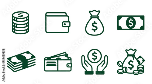 Collection of financial icons depicting money, wallets, and currency in a minimalist design