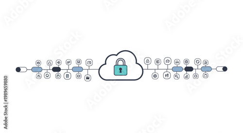 Cloud computing security concept with padlock icon and network of digital icons connected by lines