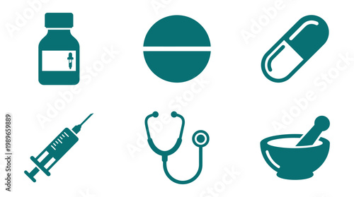 Collection of medical icons including a bottle, pill, syringe, stethoscope, and mortar