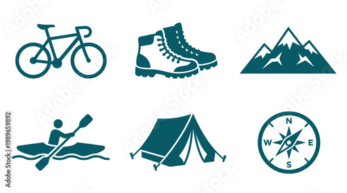 Collection of outdoor adventure icons depicting biking, hiking, kayaking, and camping activities