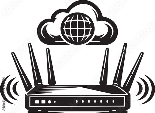 Wireless router connecting to global cloud network illustration design