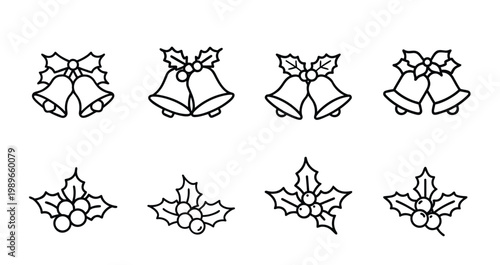 Christmas holly berries line icons set jingle bell decoration winter holly berry holiday mistletoe branch Christmas floral ornament festive seasonal plant & more vector illustration.