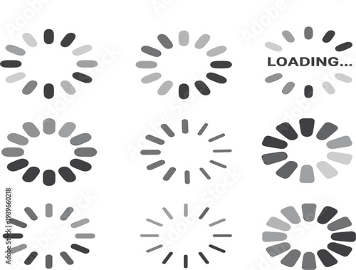 Loading progress and buffering spinner icons set, vector symbols for website waiting and digital interface