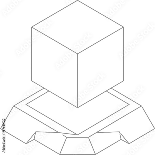 An elegant isometric line art drawing showcases a minimalist cube floating above a structured, conceptual, technological platform design.