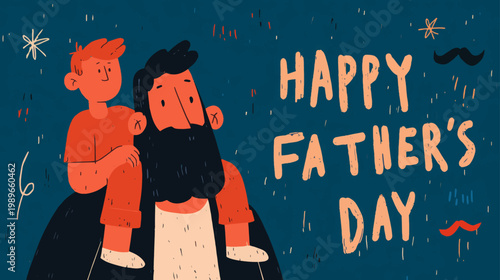 Bold Father’s Day vector illustration of bearded dad carrying son on shoulders in modern flat cartoon style for posters and branding