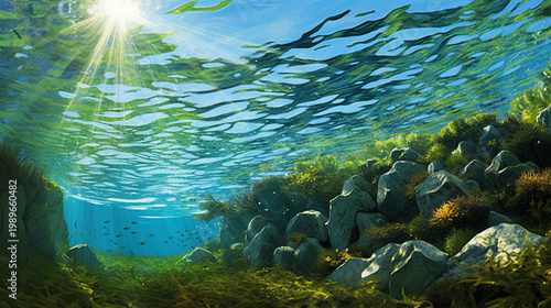 Sunlit Coral Reef Beneath Crystal Clear Ocean Waters